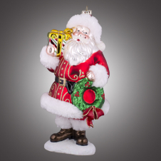 Дед Мороз на подставке в красной шубе с рождественским венком и подарком стеклянный (в инд.уп.), 13х13х26,7 см
