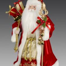 Дед Мороз в красной шубе с мешком подарков и посохом с колокольчиками, 40 см