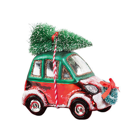 Машинка с елочкой Смарт красно-зеленая (стекло) 9х6х11 см