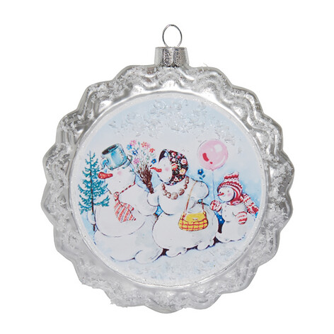 Медальон "Семейство снеговиков на празднике" двусторонний (стекло) 10х2.5х11 см 