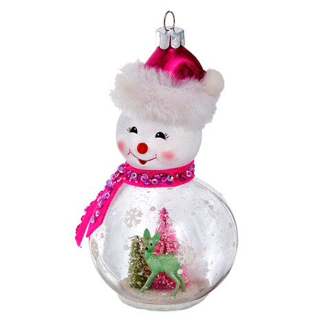 Снеговичок "Лесной олень" в розовом колпачке (стекло прозрачное) 7,5х7,5х13,5 см
