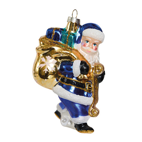 Санта с мешком подарков сине-золотой (стекло) 9х7,5х13,5 см