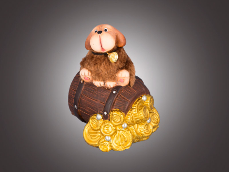 Собачка-копилка керамическая пушистая на бочке с золотыми монетами, 10х9х12,5 см