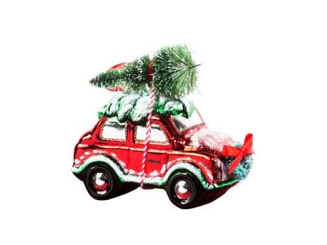 Машинка с елочкой и рождественским венком красная (стекло) 11,5х6х11 см
