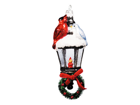 Фонарь с птичками рождественский заснеженный  (стекло) 6х6х14 см