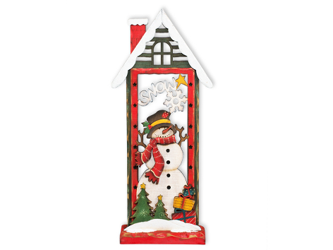 Домик "Снеговичок с подарками" рождественский настольный  (дерево) 16,5х7х38,5 см