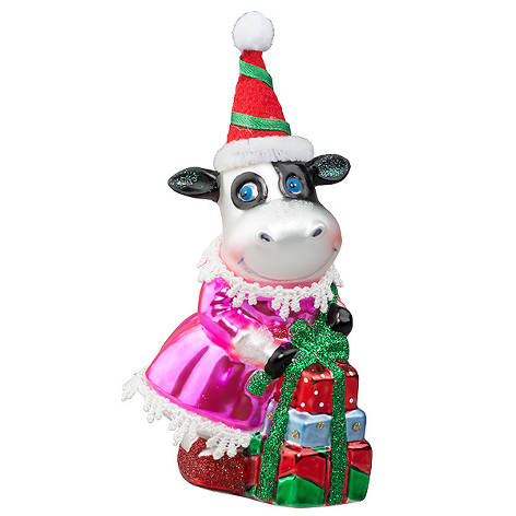 Корова "Мисс в розовом" с подарками (стекло) 7х7х14,5 см