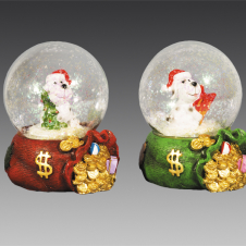 Уотерболл "Собачка в рождественском колпаке" на мешке с золотыми монетами, асс. из 2-х, 7х7х9 см 