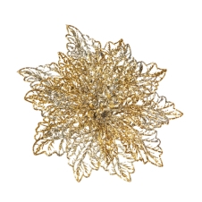 Пуансеттия ажурная серебряно-золотая блестящая  на прищепке, d=13 см