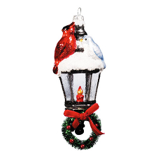 Фонарь с птичками рождественский заснеженный  (стекло) 6х6х14 см