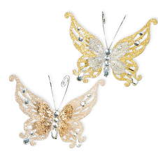 Бабочка "Фиджи" двойная со стразами на прищепке асс. из 2-: серебряно-золотая, шампань 12,5х9,5 см