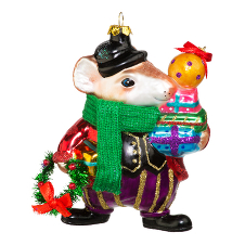 Мышь Мистер Рэт с рождественскими подарками (стекло) 8,8х13 см