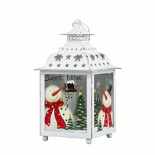 Фонарь рождественский белый со снеговичками малый (металл/стекло) 13х13х24,5 см