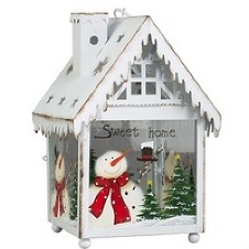 Фонарь-домик рождественский белый с трубой на крыше (металл/стекло) 18,5х18х28 см